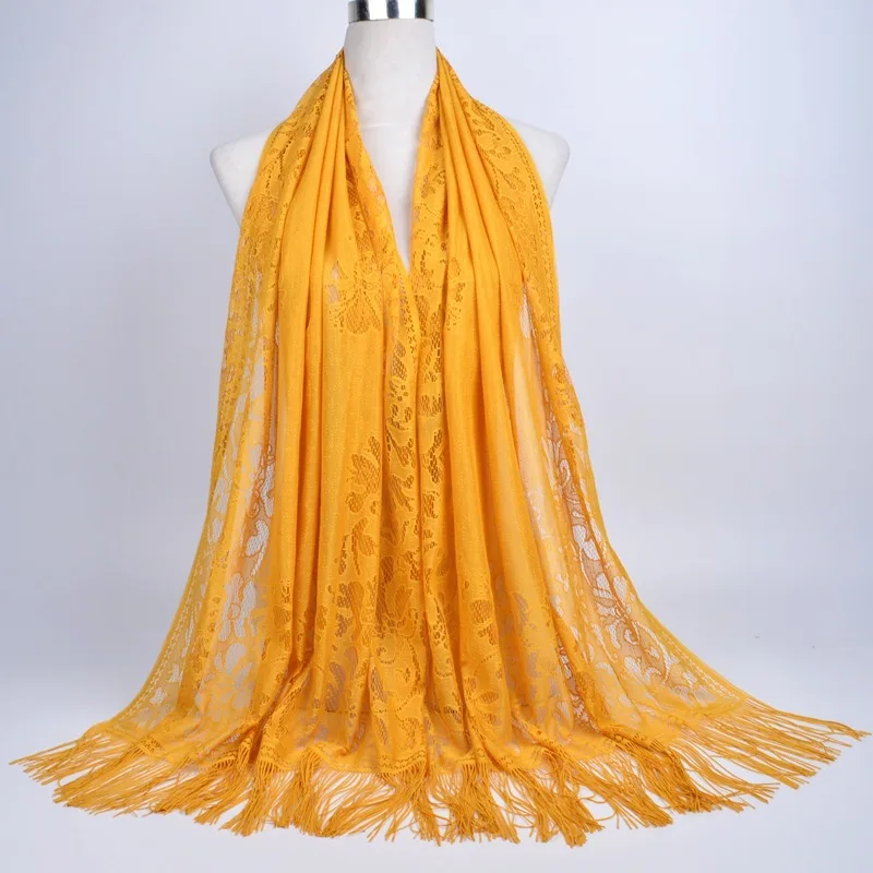 Muslim scarf hijab solid color lace hollow tassel silk scarf female summer Malaysia long scarf shawl