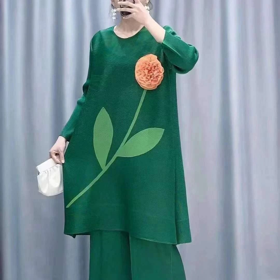 Latest Autumn Floral Print Design Indian Wear Plus Size Straight Miyake Pleated O-Neck  Chiffon Breathable  Two Pieces set