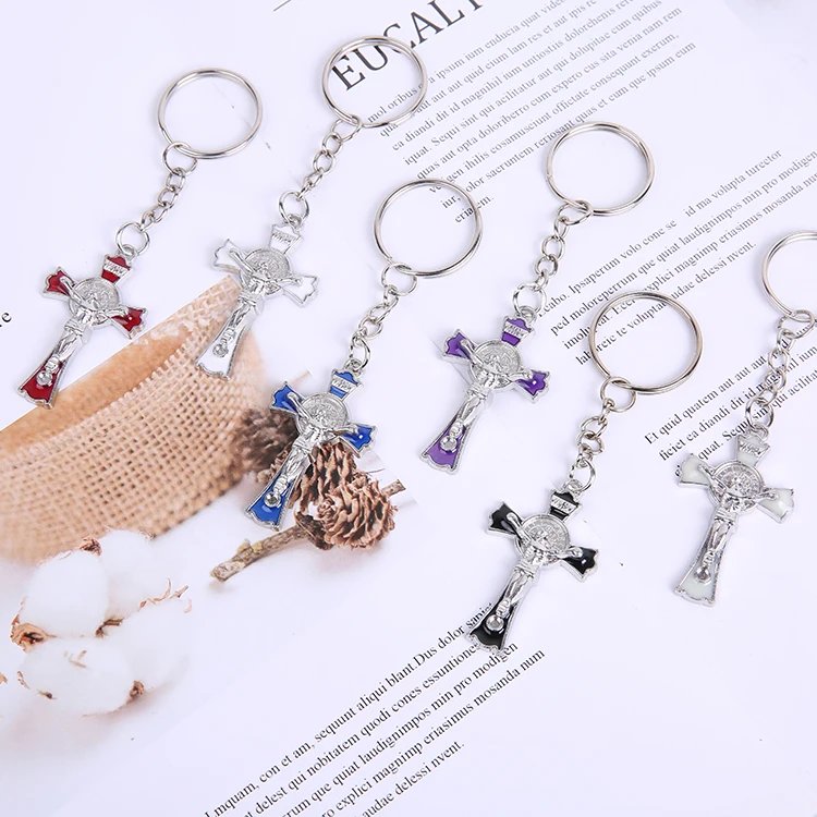 Custom designs Catholic metal color jesus cross christian keychains