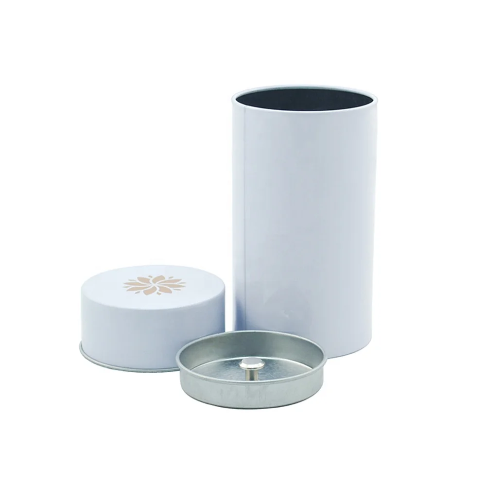 Double lid printed empty silver tea tin with matt handling