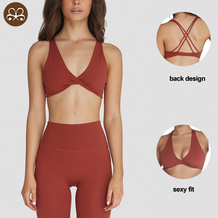 2022 New Comfortable Premium Front Twisted Lace Up Padded Spandex Sports Bra for Women