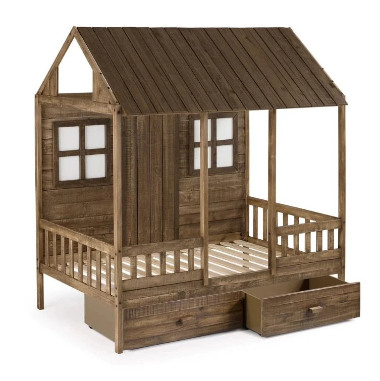 Pine Wood Tent Bed with Roof Design for Toddlers, Twin House Beds with Trundle and Windows Design for Kids