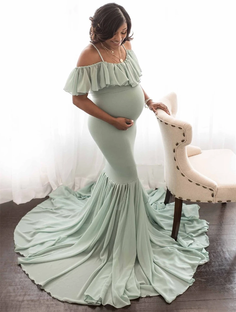
Mermaid Maternity Dresses For Photo Shoot Pregnant Women Pregnancy Photography Props Sexy Off Shoulder Maxi Maternity Dresses 