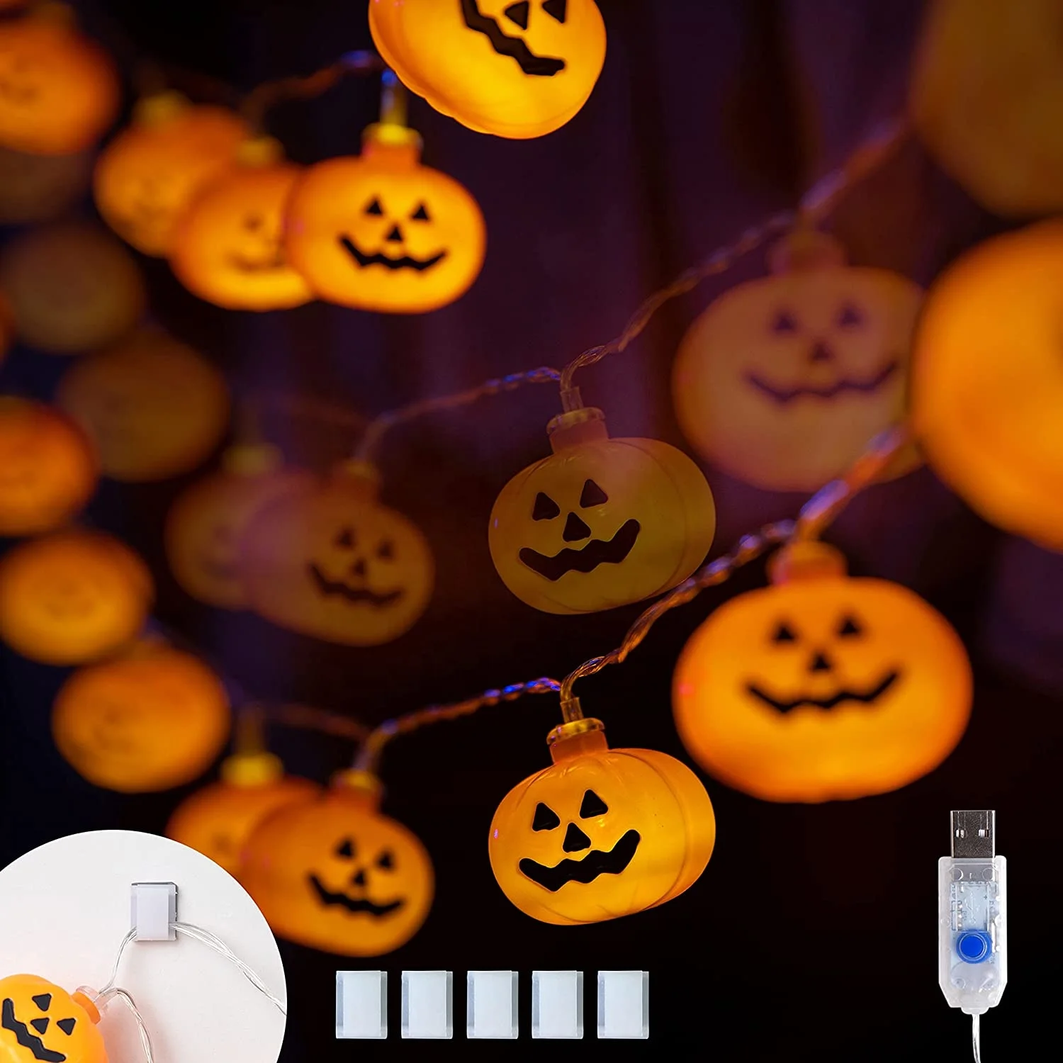Halloween Lights String 60 LED 24.28FT USB Powered Classic Pumpkin Lights with 8 Lighting Modes