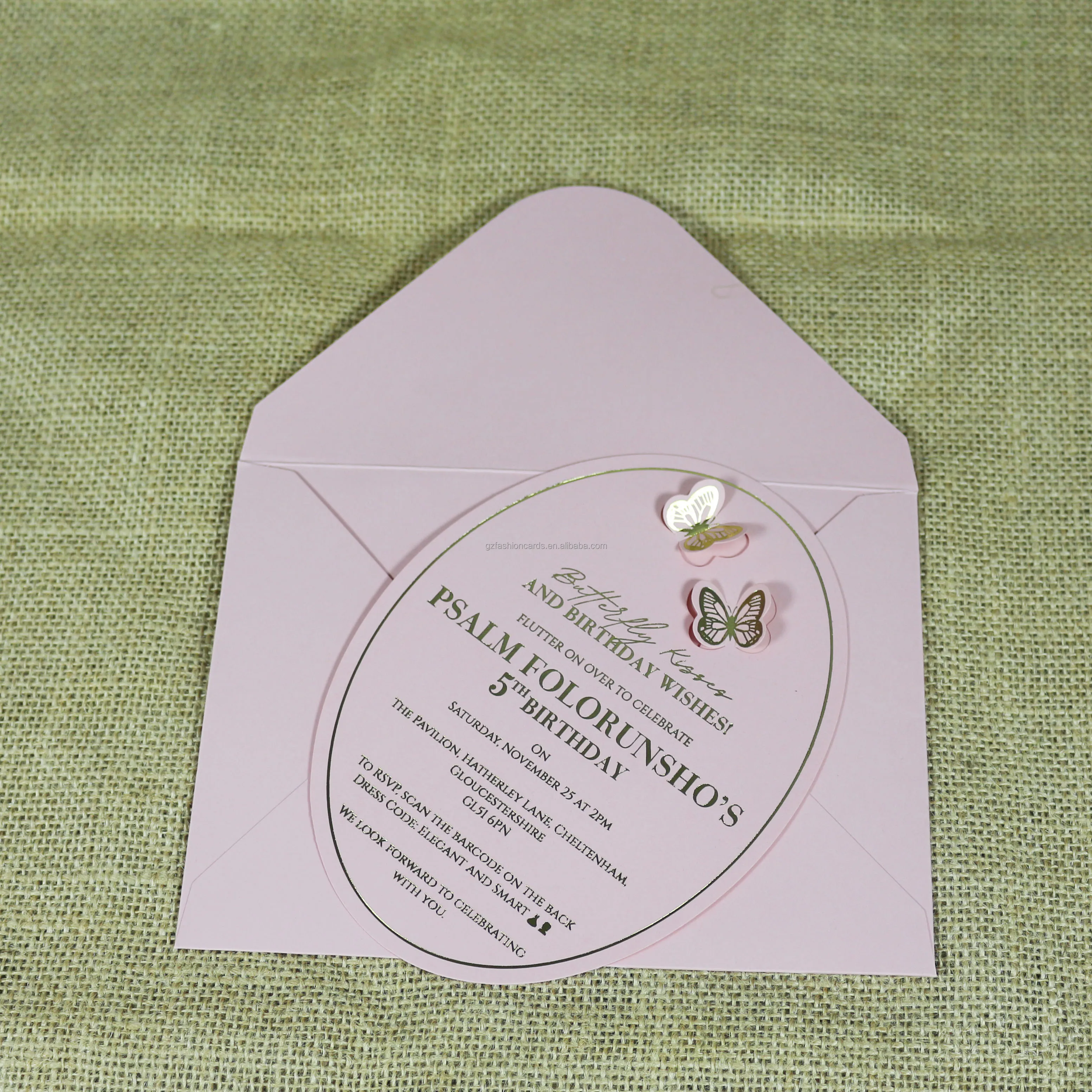 Pink Laser Cut Butterfly 16 Quinceanera Invitation With Gold Foil Printing