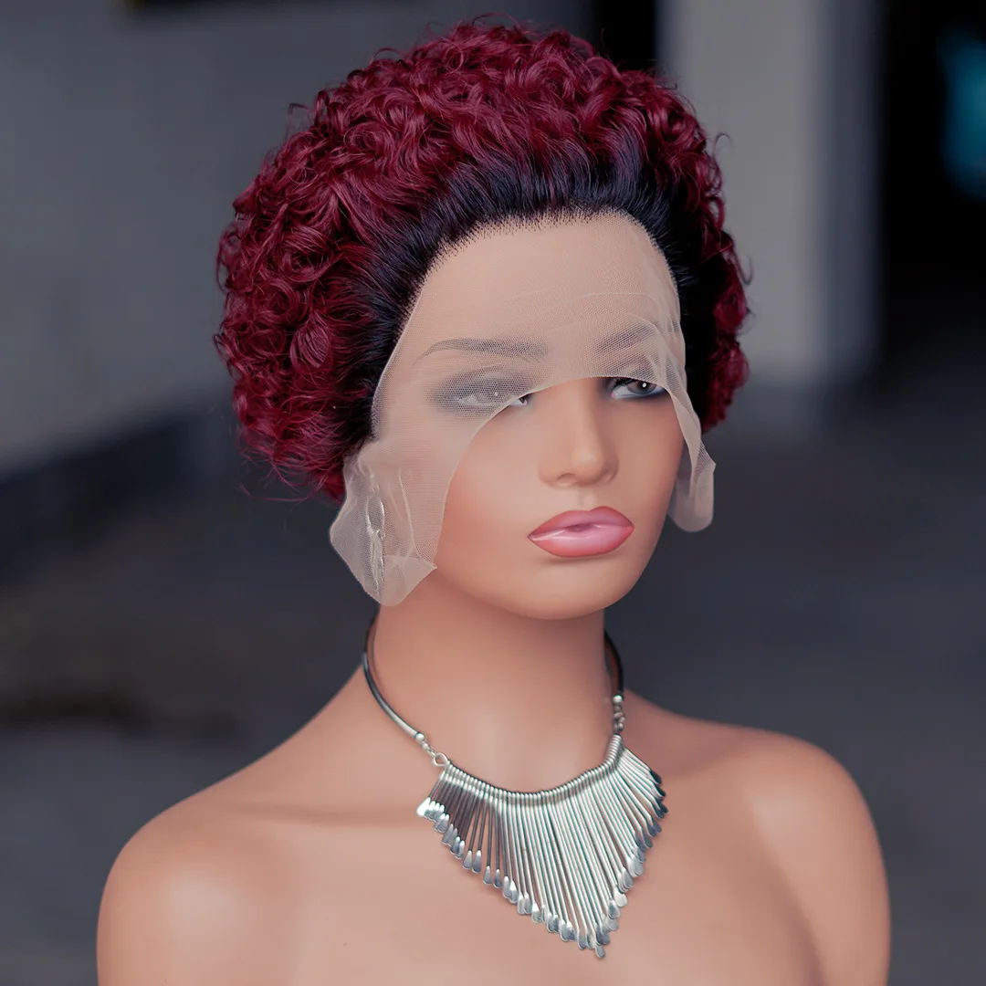 Cheap Pixie Short Hair Lace Frontal Wig Black Women Perruque Pixie Cut Human Hair Bob 180% Density Short Pixie Cut Curly Wig