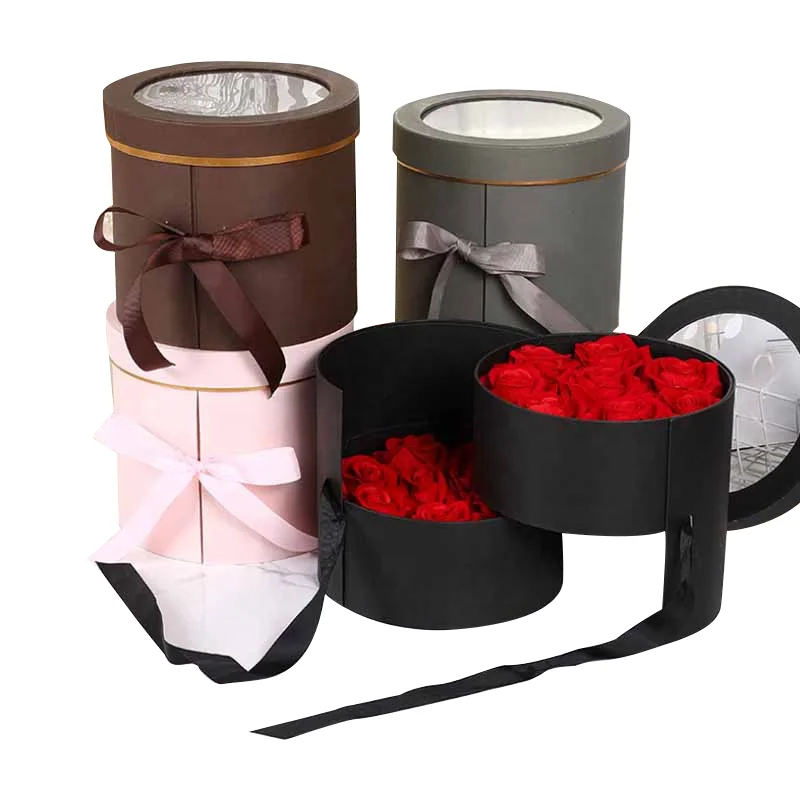 Wholesale Colorful Custom Logo Double Layer Cardboard Hat Arrangements Shape Gift Packaging Box Round Luxury Rose Flower Box