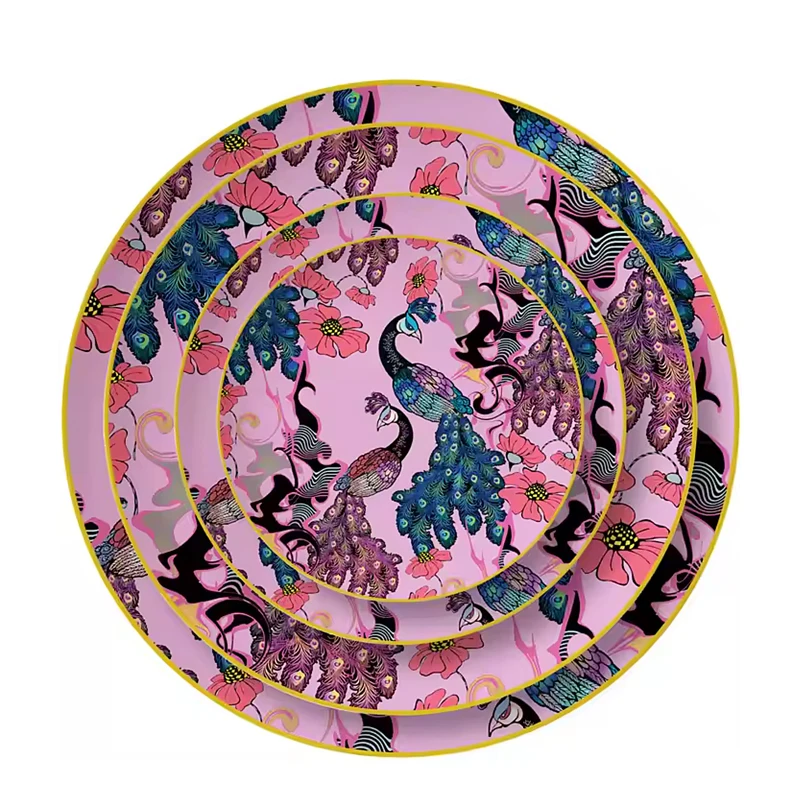 2025 Роскошная китайская посуда с цветочным узором в виде павлина большая тарелка зарядным устройством фиолетовая красочная для свадебной вечеринки