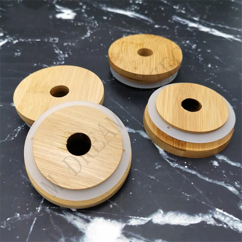 70mm/86mm Friendly Mason Lids Reusable Bamboo Caps Tops with Straw Hole and Silicone Seal for Masons Canning Drinking Jars Top