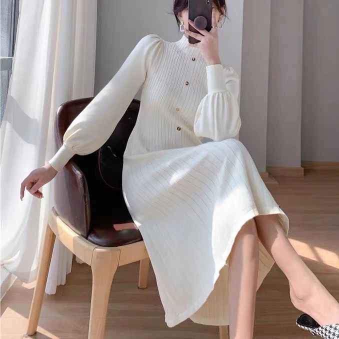 Autumn and winter mock neck mid-length knee-length jumper dress bubble sleeve inner knitted long sleeve dresses
