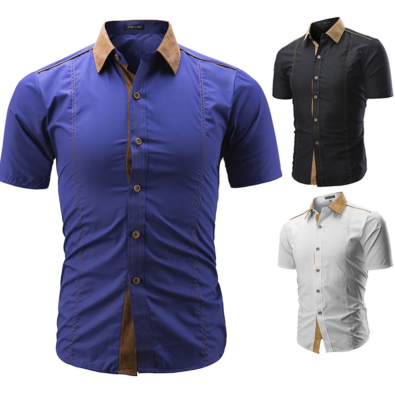 High Quality Men cotton top blouse short Sleeve Plaid color matching outdoor slim fit Shirt
