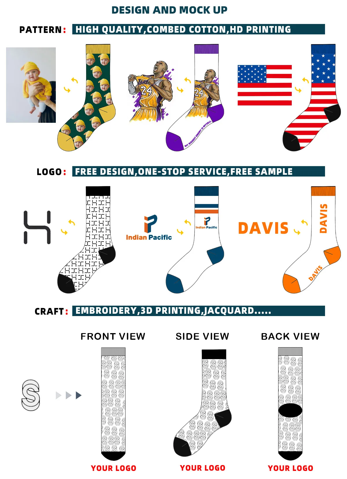 Plain Knit Embroidery Wholesale Custom Sock Bamboo Crew Grip Printing Baby Sport Made Happy Logo Socks Paper Card Customize