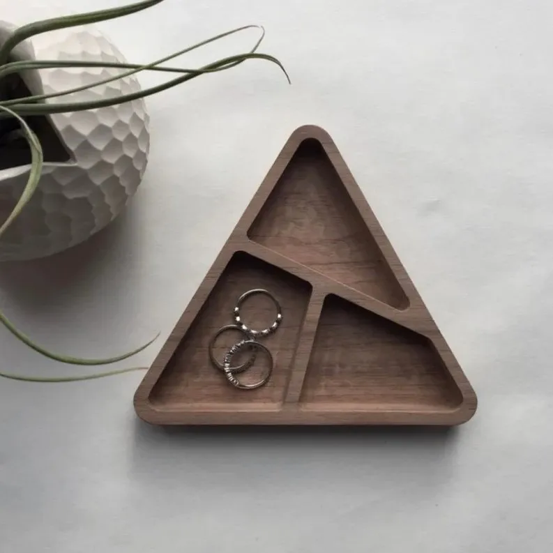 Triangle Catch All Tray Wood Small Jewelry Tray Wooden Trinket Holder Ring Dish
