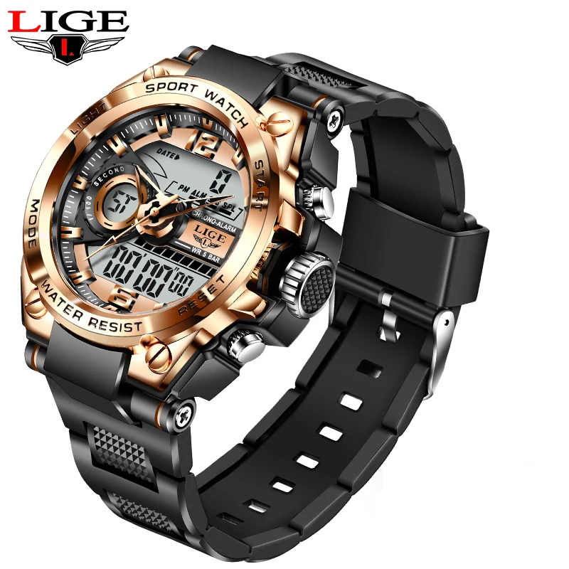 LIGE мужской силиконовый ремешок двойной дисплей хронограф часы водоустойчивые на глубине до 50 м спортивные наручные LED цифровые Relogio