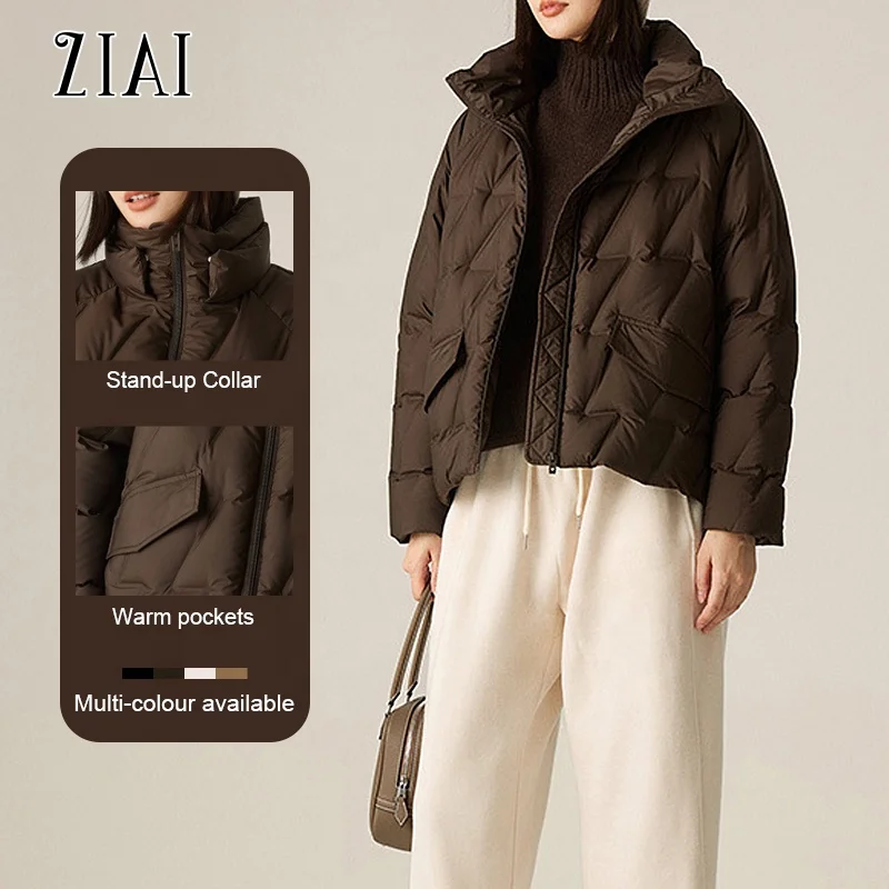 Medium-thin laminated stand-up collar white duck down short down jacket for women with raglan sleeves