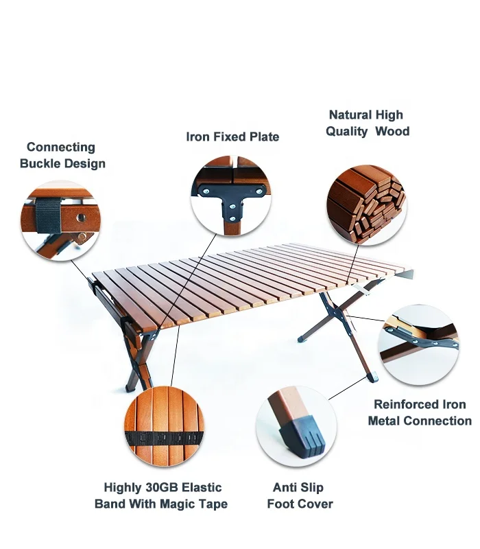 Wholesale Price Outdoor Camping BBQ Portable Foldable Wooden Egg Roll Table Camping Picnic Folding Table With Bag