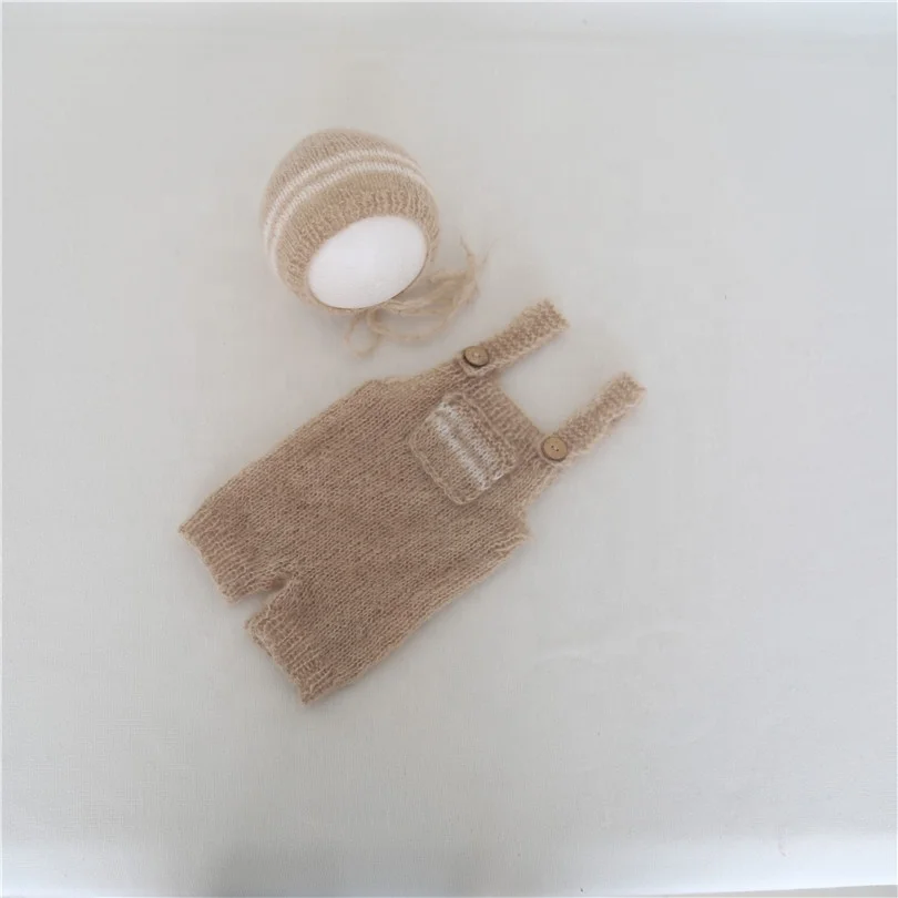 Baby Pink Outfit Angora Knit Teddy Bear Hat Romper Set Crochet Newborn Overall Photography Props Fluffy Bear Bonnet Pant Props