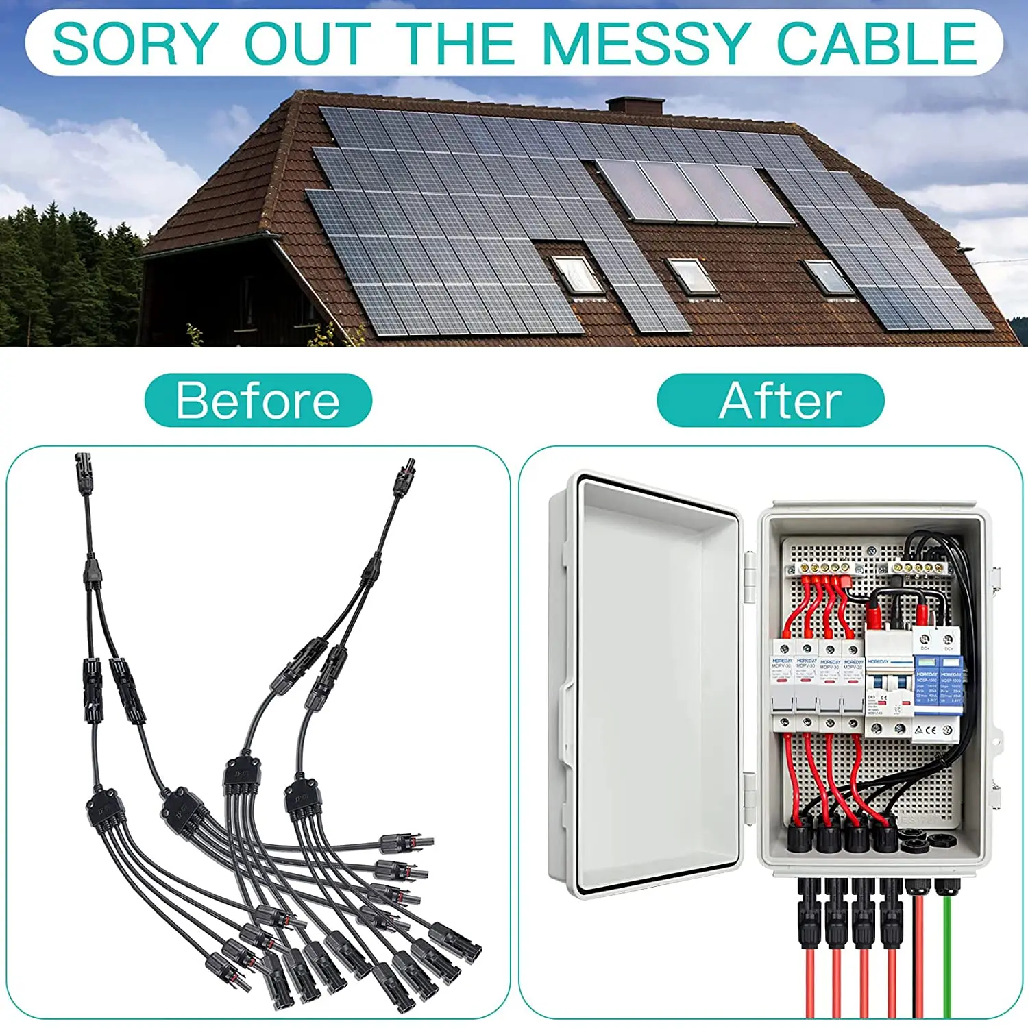 moreday  Ip65 4 In 2 Out 4 Strings 25a 1000v Dc Solar Pv Array Plastic Combiner Box junction box