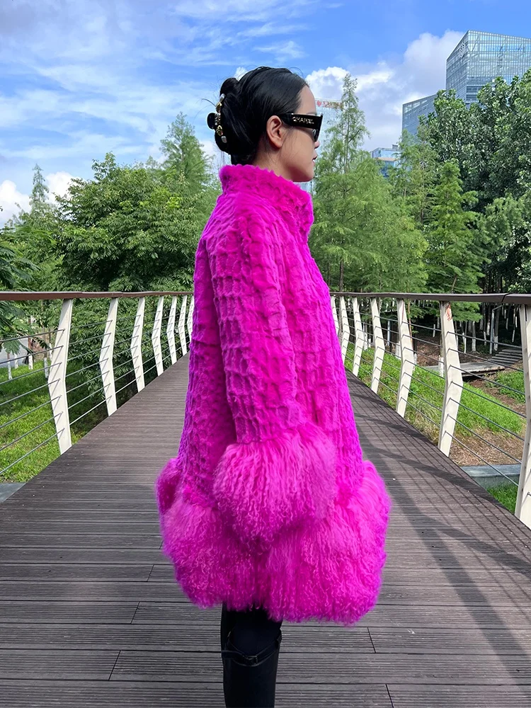 Women Fashionable Fuchsia Color Rex Rabbit Fur Jacket Real Fur Coat with Lamb Fur Stand up Collar Wholesale Price From Factory