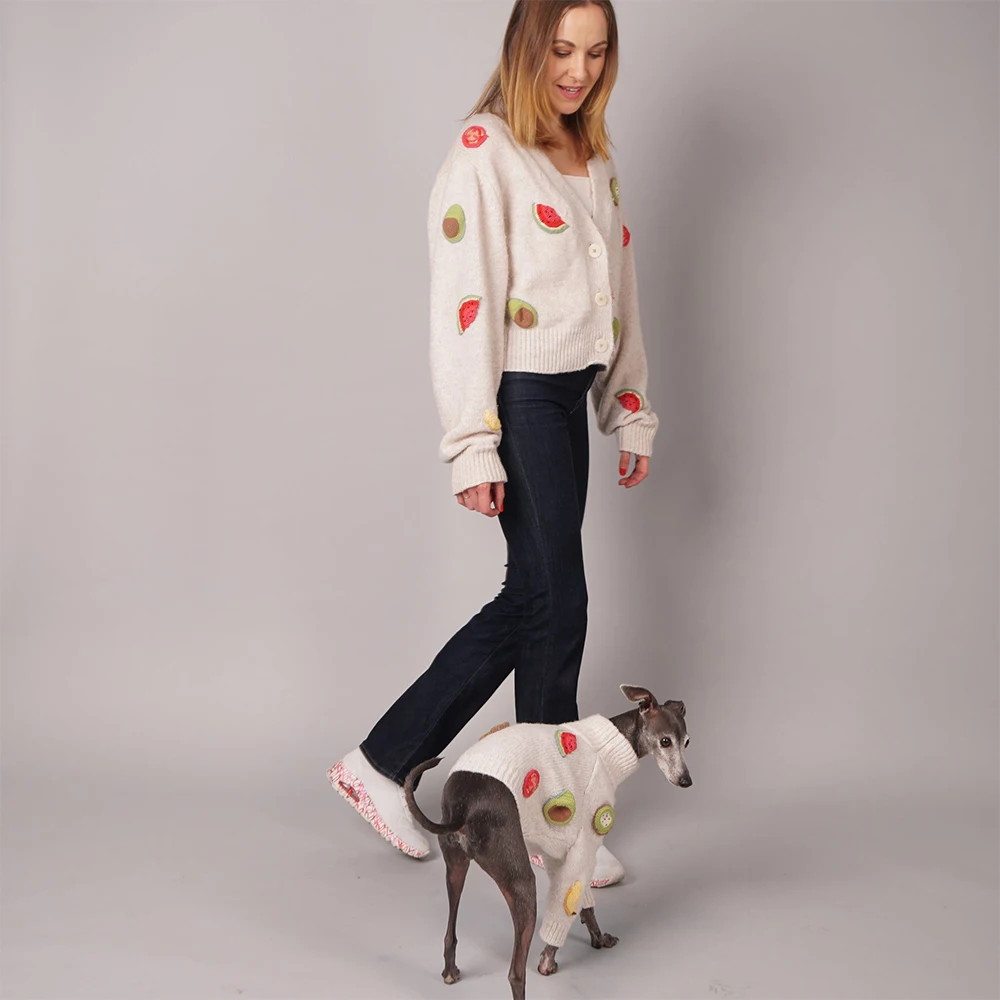 Qiqu Pet Supplies Custom New Designer Dog Human Owner Matching handmade fruit crochet virgin wool dog jumper cropped cardigan