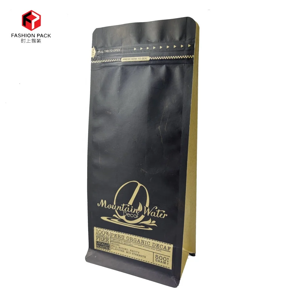 Custom Printed 12oz Matte Black Zip Lock Bag Flat Bottom Kraft Paper Coffee Packaging