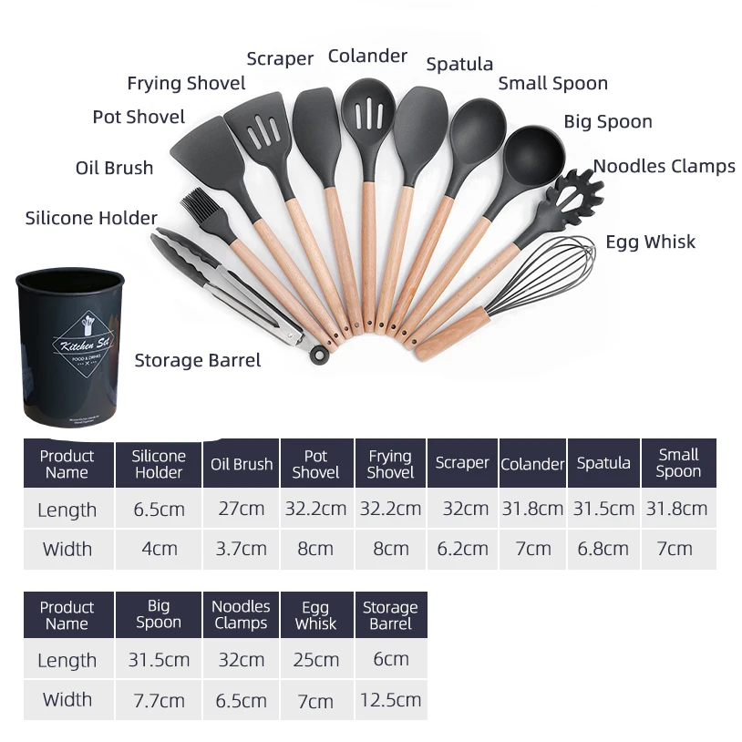 Hot Sale 12pcs Cooking Tools Sustainable Household kitchen accessories wooden handle non-stick Silicone kitchen Utensil Set