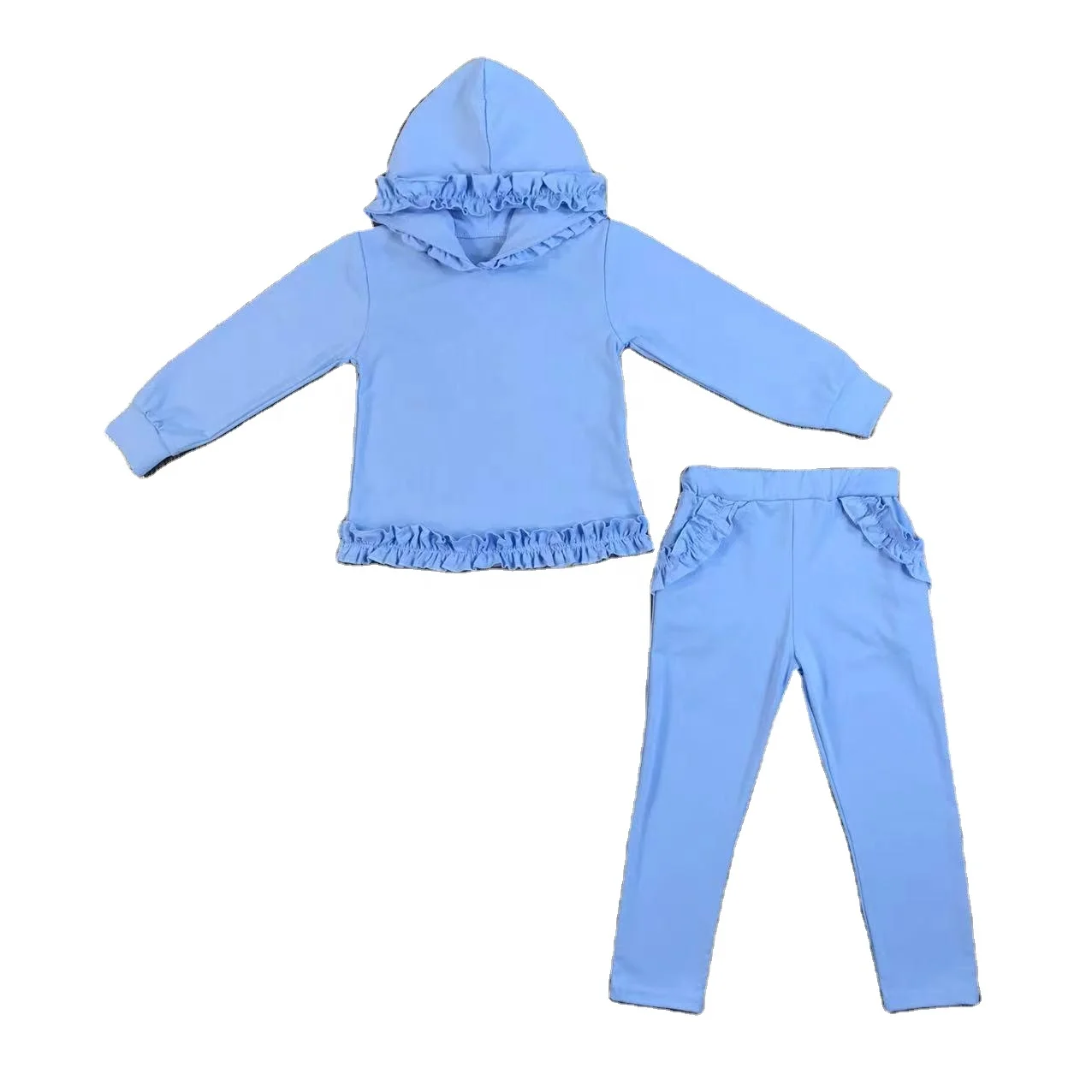 Boutique wholesale milk silk  long sleeved  hoodies outfits sets  girls RTS no moq  blue