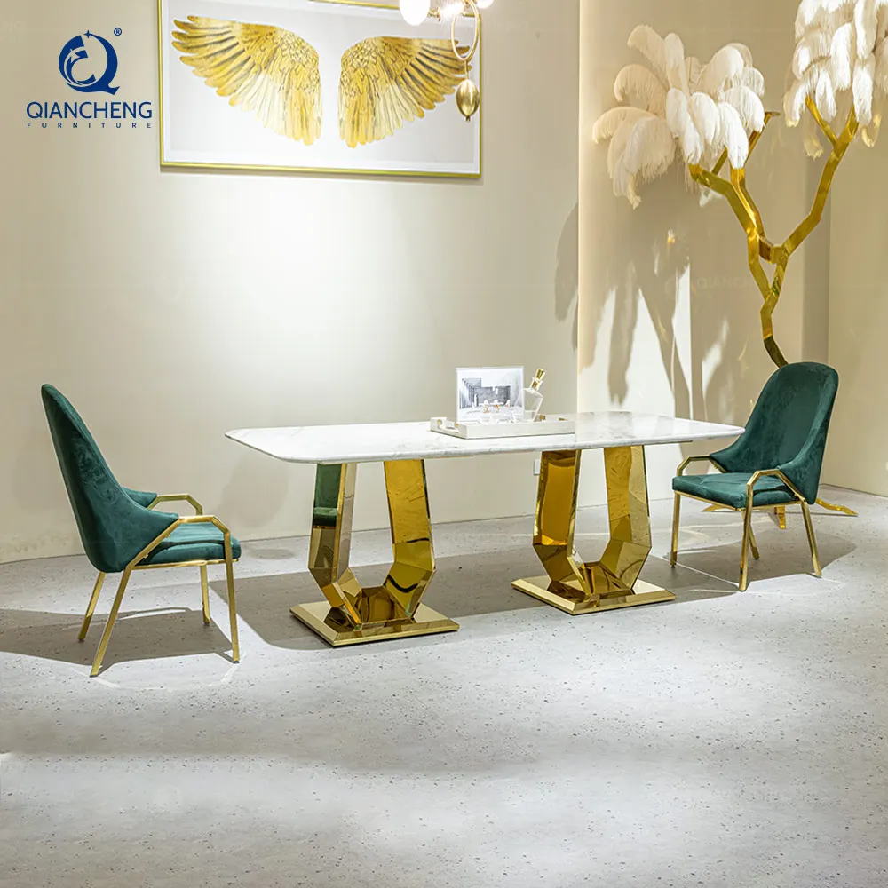 QIANCHENG New Designs Luxury Dinning Set Natural Real Green Marble Dining Tables Light Luxury Stainless Steel Home Furniture