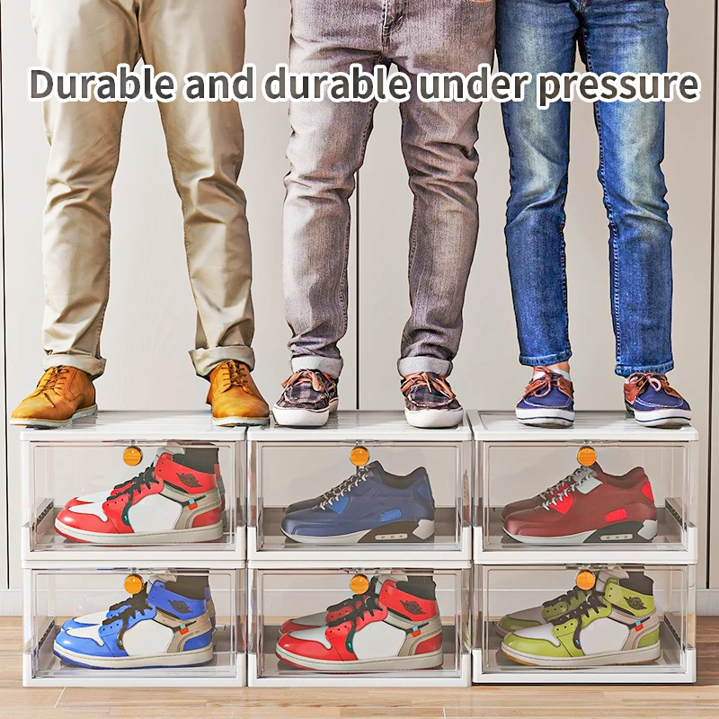 Transparent Stackable Shoe Storage Bins Foldable Sneakers Organizer Boxes Drop Front Plastic Shoe Organizer