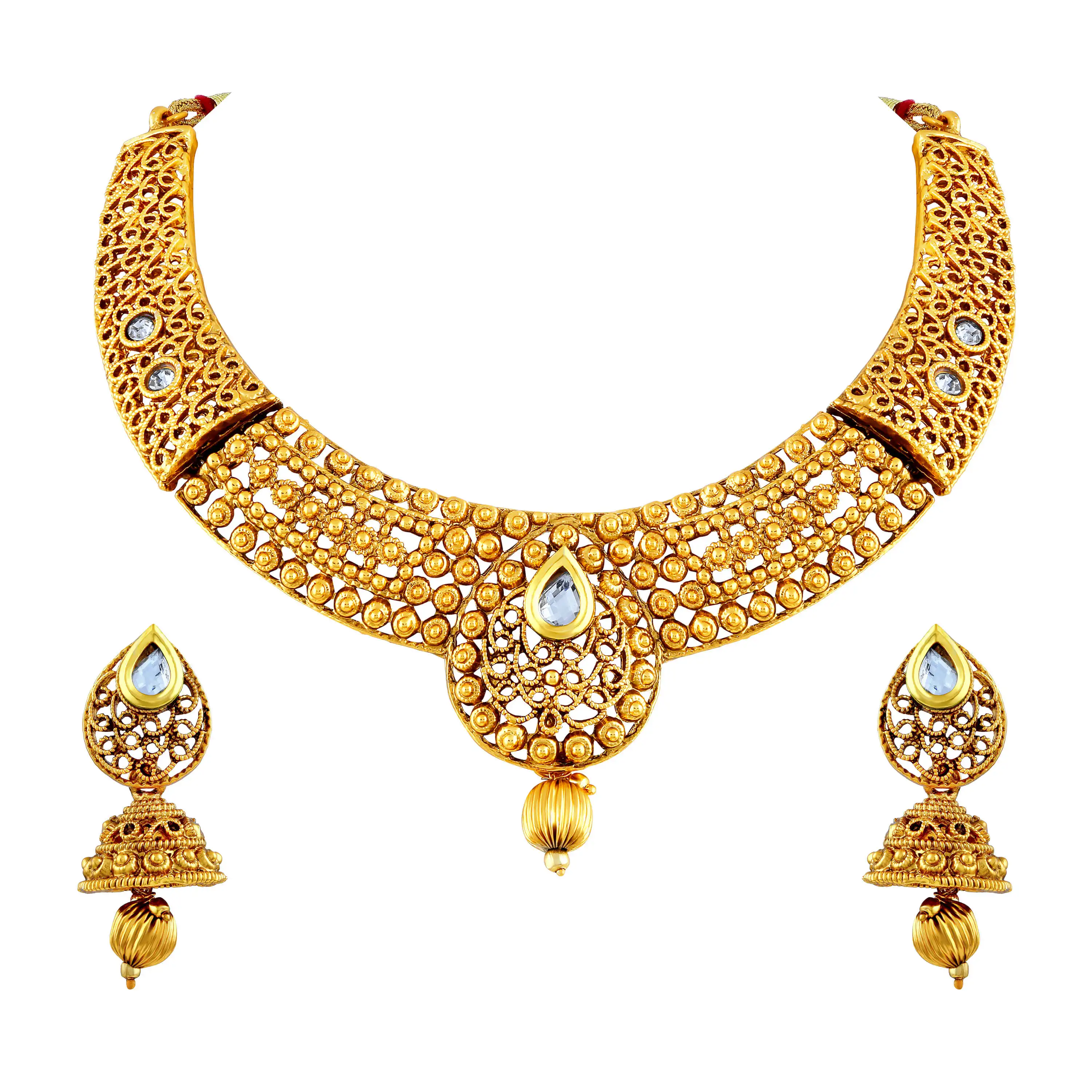 
Wholesale Indian Asmitta Fancy Filigiree Design 1 Gram Gold Plated Choker Style Necklace Set For Women 