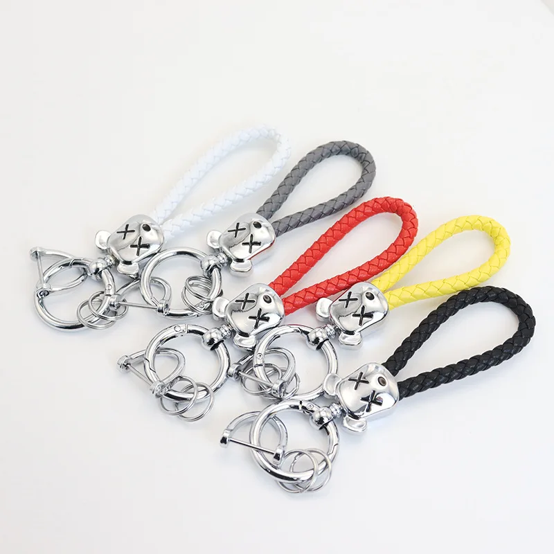 Wholesale jewelry rope car hand woven leather keychain torrent bear creative 3D stereo bear pendant couple Key chian ring