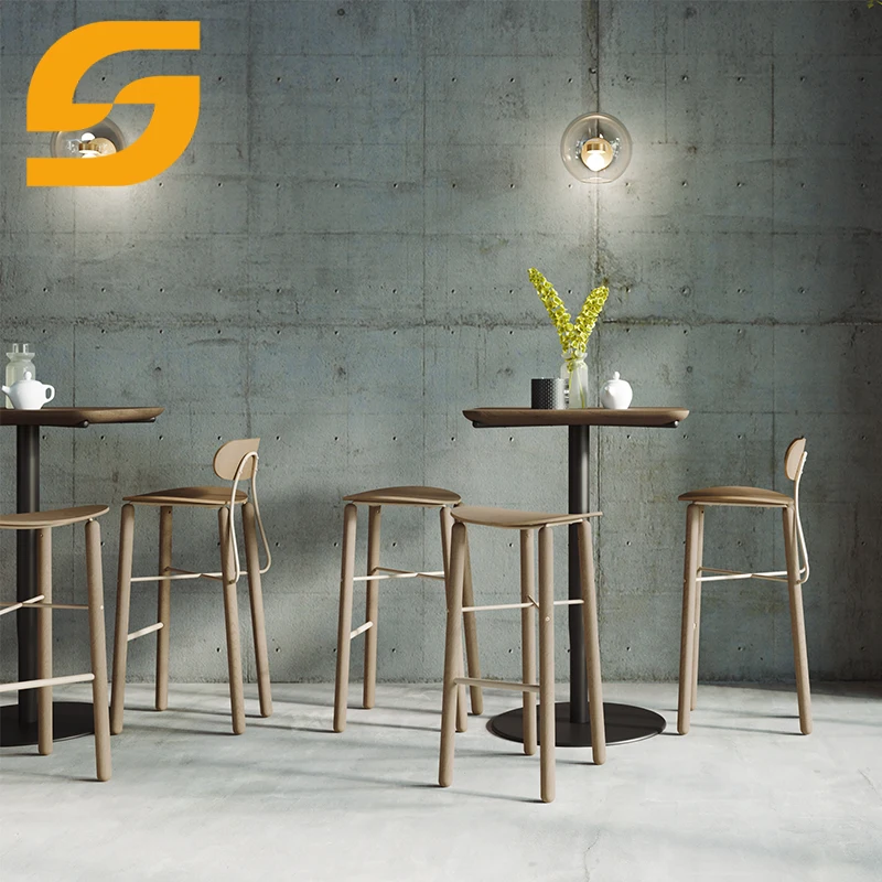 New Commercial Bar Restaurant Furniture Oak Walnut Wood Bar Chairs Stool With Backrest Footrest