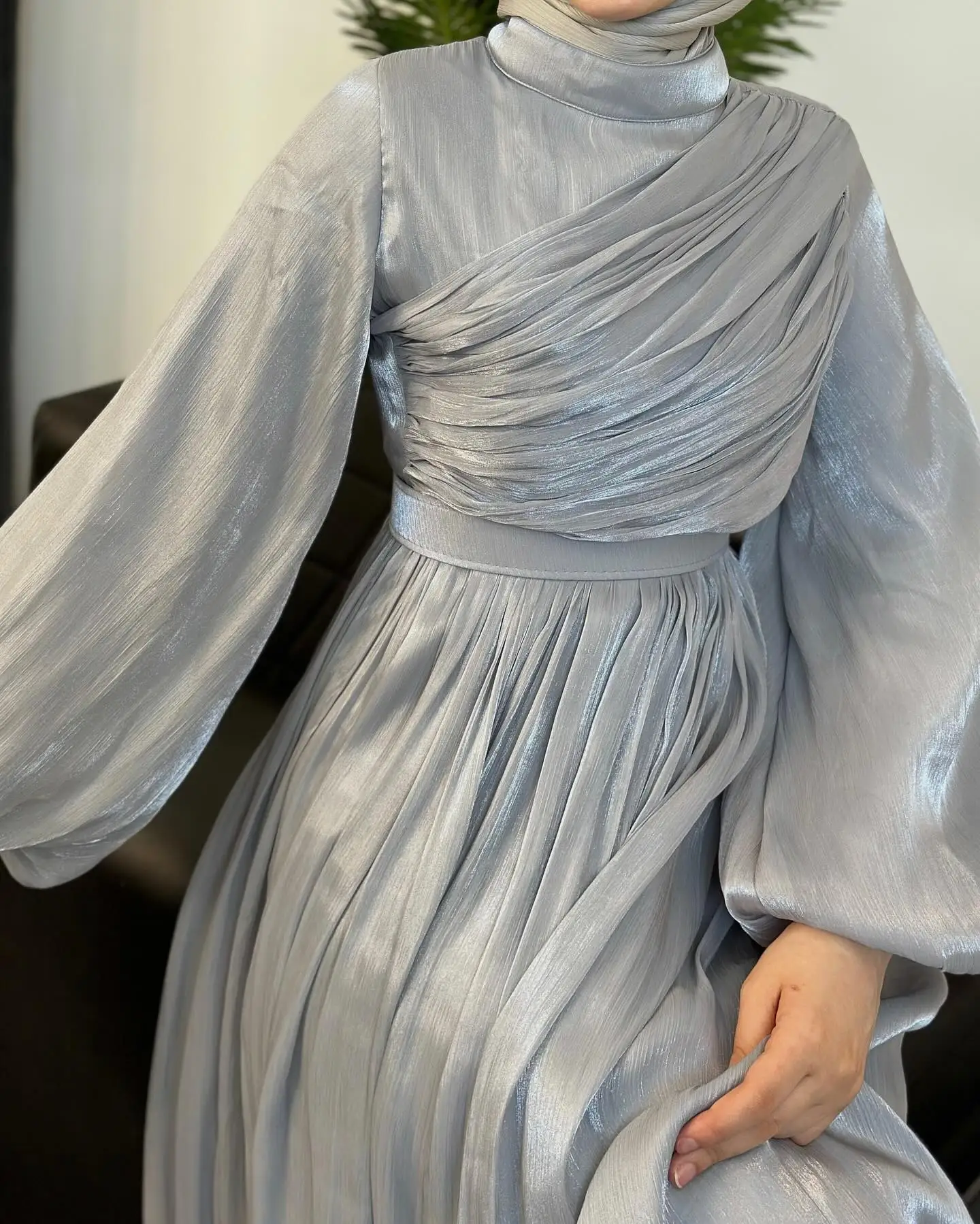 Organza Abayas Dresses Dubai Turkey  Evening Party Dresses Modest Abaya For Muslim Women Fasten Sleeves