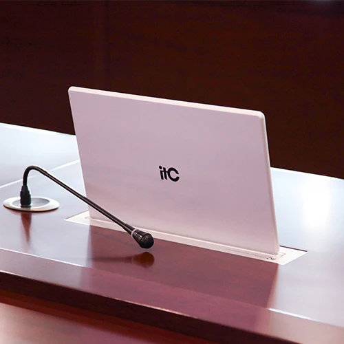 Paperless Motorized Ultra-thin HD pop up screen office room audio video system vertical lcd hidden table monitor with microphone