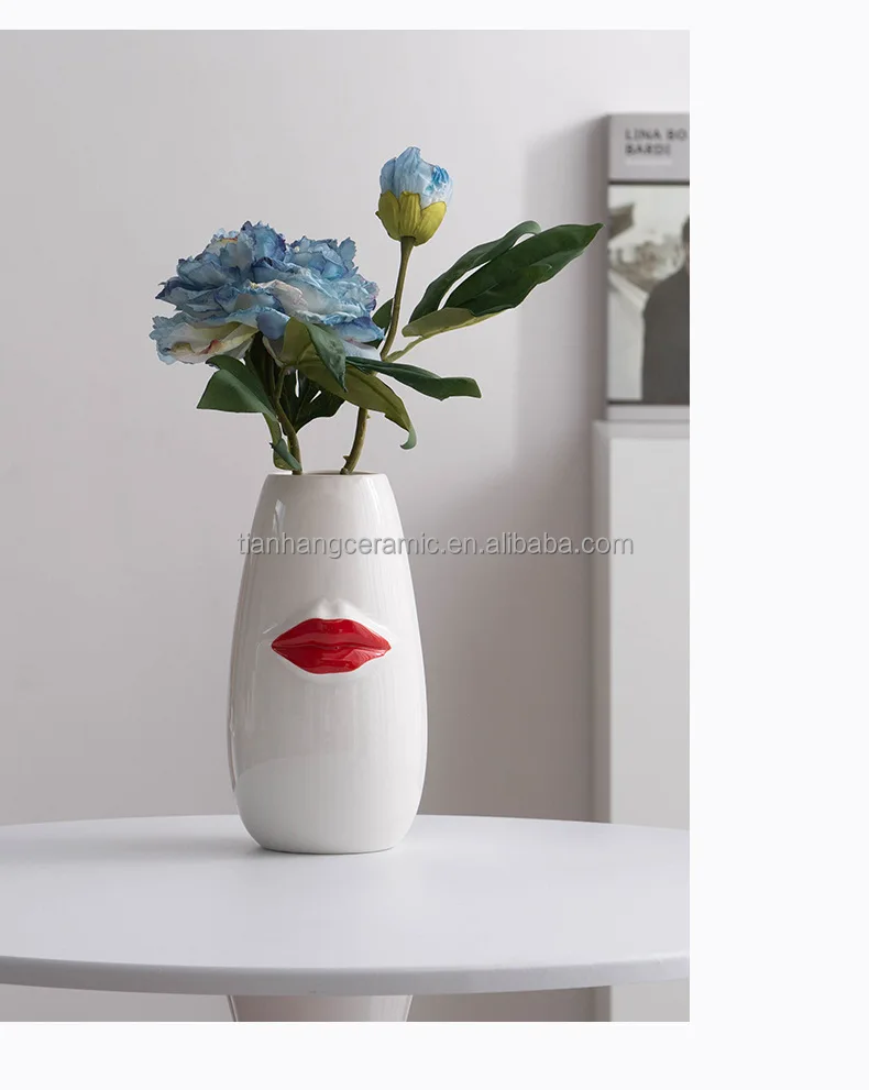 High Luxury Minimalist Boho Creative Floral Vases Ceramic Modern Vases for Home Decor Decorative Vase with Red Lip.jpg