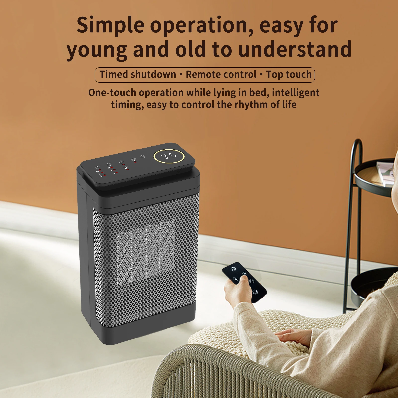 Portable Electric PTC Ceramic Heater Fan with 1500W Touch Screen Digital display Remote Control and Timing for EU Home Outdoor