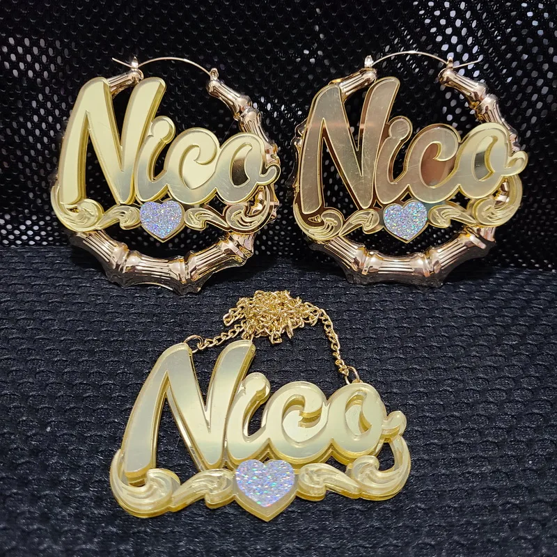 
Personality Acrylic Custom Name bamboo Earrings Cartoons rainbow Name Necklace Jewelry Christmas Gift 