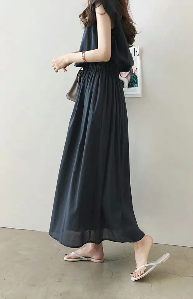 Short Sleeve O Neck Retro Clothes Long Maxi Women  Linen Dress Summer Hot Sale Natural Linen Solid Color