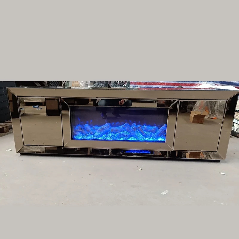 New modern glass bedroom furniture  mirrored silver TV stand unit furniture with fireplace