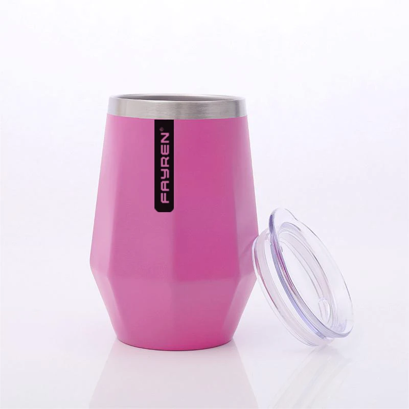 Custom Logo 12oz Diamond Shape Stainless Steel Thermal Insulated Coffee Cup Beer Mug Stemless Wine Tumbler cup With  Lid