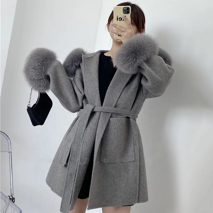 Hot Sale Winter Hood Long Coat Women Wool Trench Cashmere Coats With Fox Fur Cuff