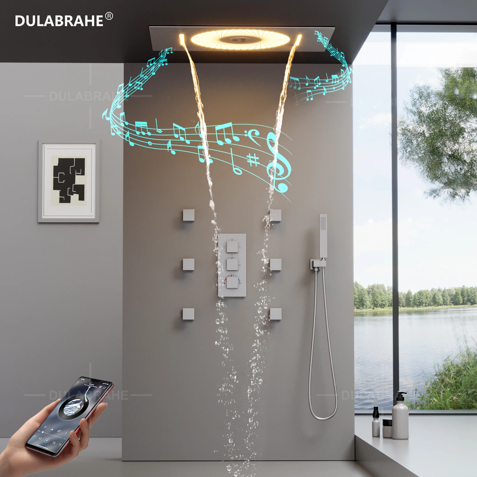 DULABRAHE 2024 NEW 4 Functions Luxury Bathroom Shower Faucet Brushed Nickel Wall Mounted Thermostatic Shower Set with Music