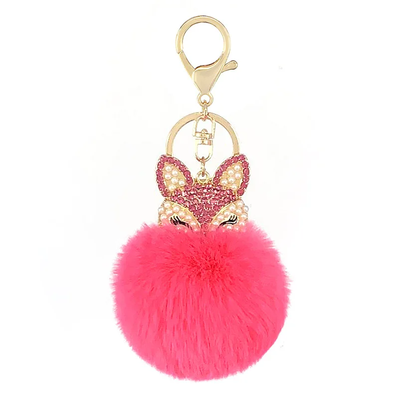 New Hot Juli Cute Charm Fox Fur Ball Pendant Keychain Pearl and Rhinestone Fox Head Keychain