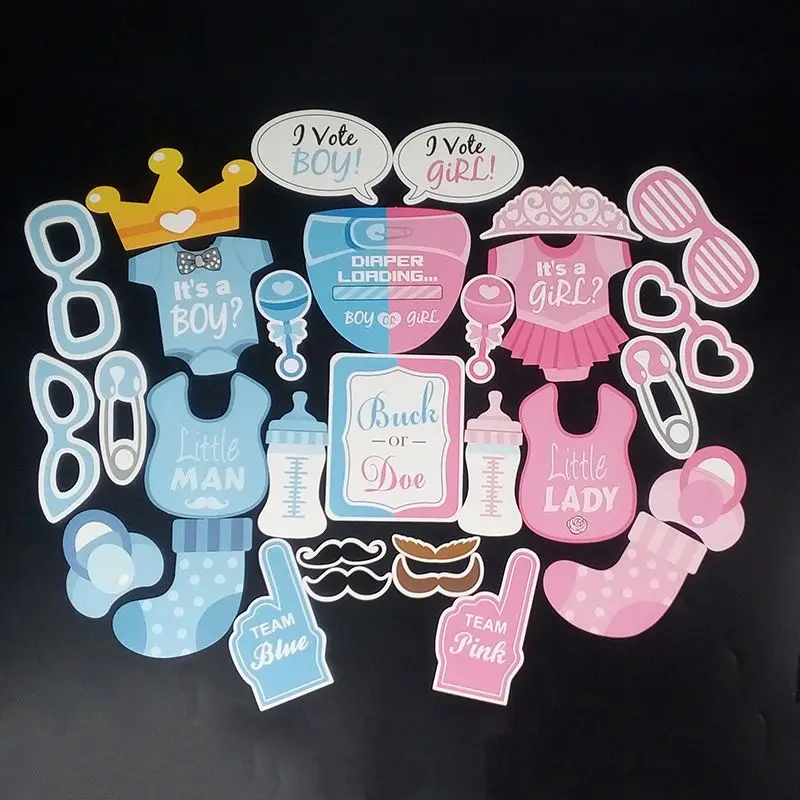 30pcs Big Size Girls Boys Baby Shower Birthday Party Gender Reveal Photo Booth Props on Sticks Set