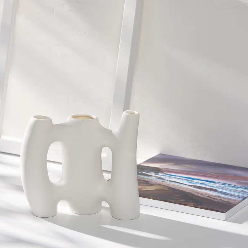 Korea style white simple click  flower ceramic vase ornament for room decoration