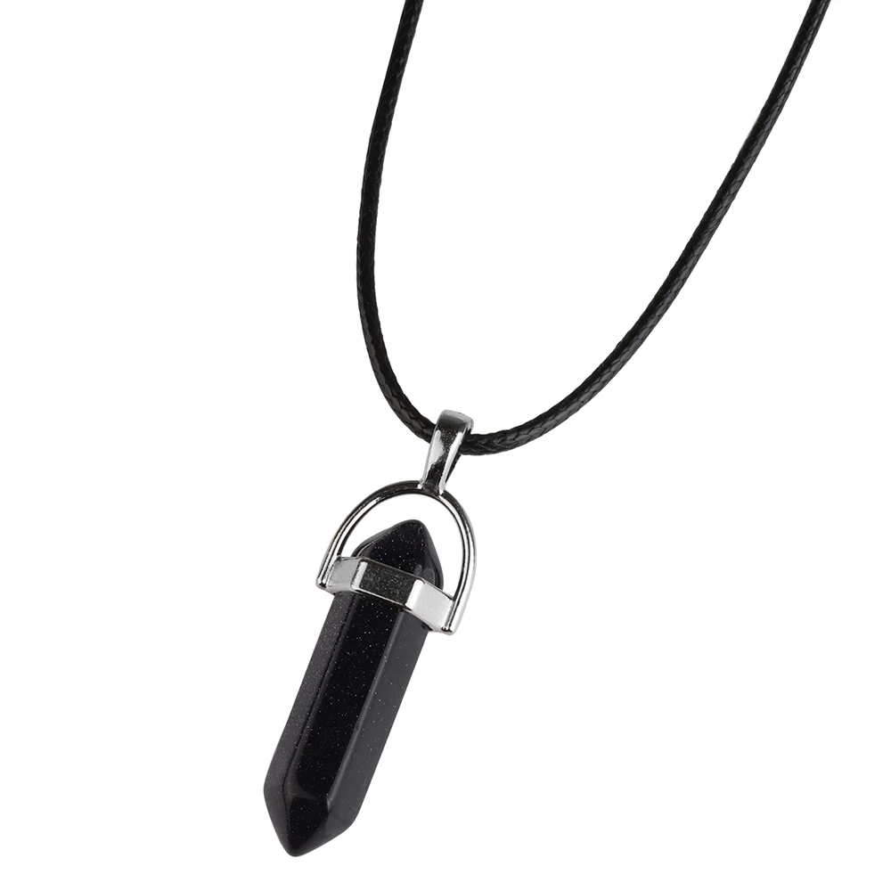 Amethyst Turquoise Rose Quartz Tiger Eye Bullet Shape Hexagonal Prism Natural Crystal Stone Pendant Leather Necklace