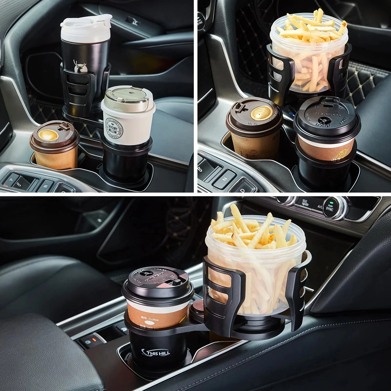 2 in 1 Multifunctional Car Cup Holder 360 Rotating Adjustable Car Cup Holder Expander Adapter Base Tray for Snack Bottles Cups