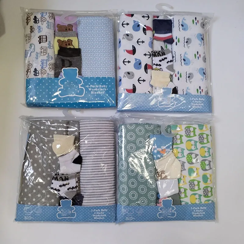 150*100 CM 2 Pcs Receiving Blanket with 4 Pairs Socks 100% Flannel Cotton Mixed Patterned Designs Baby Swaddle Blankets
