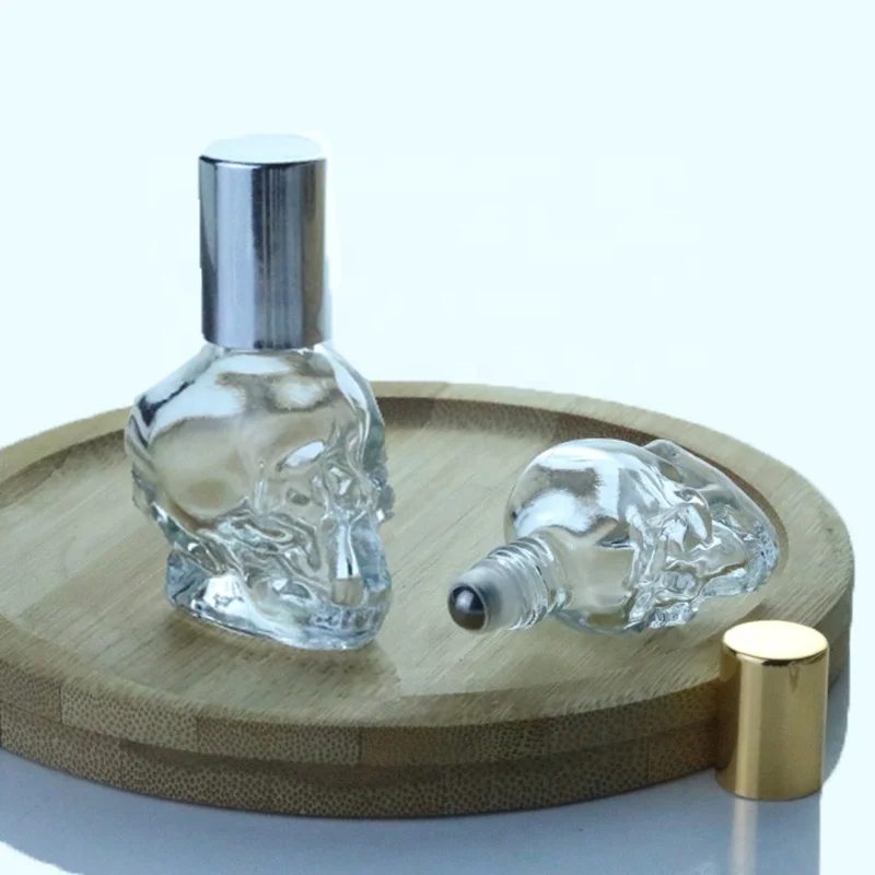 Unique Empty Small 8ml Skull Shape Clear Glass Perfume Essential Oil Roll On Mini Bottle Metal Roller Ball Bottles (NRB37)
