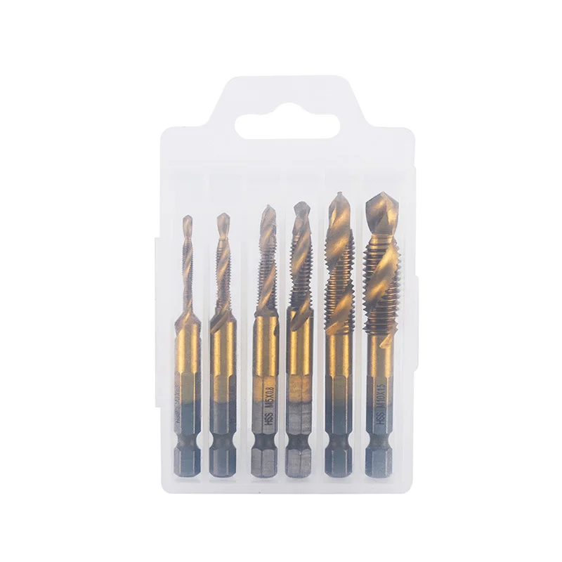 6pcs long screw Tap Drill Bits Hex Shank M3 M4 M5 M6 M8 M10 Titanium Coated HSS Compound Metric Thread  Machine Taps